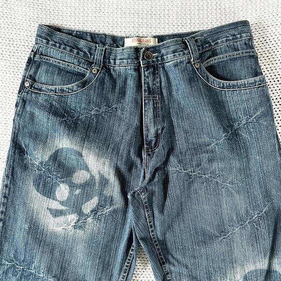 Muka Jeans Baggy Y2K Airbrushed Skull Stitches All Over Design Grunge Jeans 42 - Picture 3 of 16